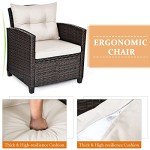 Tangkula 3 Pieces Patio Furniture Set, PE Rattan Wicker 3 Pcs Outdoor Sofa Set w/Washable Cushion and Tempered Glass Tabletop, Conversation Furniture for Garden Poolside Balcony (White)