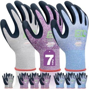 KANGLONGDA 7 Pairs Women Gardening Gloves, EN388 2131X Outdoor Protective Work Gloves with Breathable Micro-Foam Coating for Gardening, General Purpose, Courtyard, 3 Purple + 3Blue +1 Grey