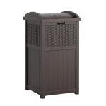 Suncast 33 Gallon Commercial Outdoor Trashcan Hideaway with Lid for 30 to 33 Gallon Trash Bags for Garage, Backyard, or Garden, Brown
