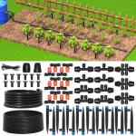 MIXC Greenhouse Micro Drip Irrigation Kit Automatic Irrigation System Patio Misting Plant Watering System with 1/4 inch 1/2 inch Irrigation Tubing Hose Adjustable Nozzle Emitters Barbed Fittings