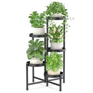 iDavosic.ly Plant Stand Indoor Outdoor, 5 Tier Corner Metal Flower Display Holder Shelf, Folding Tall Orchid Rack for Patio Balcony Porch Garden Living Room House, Black