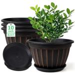 FGstyle 10 Inch Plants Pot,4 Pack Flower Pots,Planters Pot with Drainage Hole & Saucer,Modern Planters for Indoor Outdoor Plants,Decorative Resin Garden Pots for Outdoor Indoor Home Plants (Black)