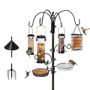 Ointo Garden 6-Hook Bird Feeding Station, Steel Multi-Feeder Kit Stand for Attracting Wild Birds w/ 4 Bird Feeders, Bird Bath, Mesh Tray and Squirrel Guard Baffle,94 Inch