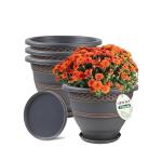 Usocik 4 Pack 12 Inch Large Plant Pots, Plastic Flower Pot for Indoor & Outdoor with Drainage Holes & Saucer, Plaid Pattern Planters Garden Pots for Herbs Bronze