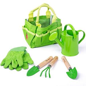 Bigjigs Toys Small 5 Piece Childrens Gardening Set with Bag, Garden Tools, Watering Can & Gardening Gloves - Fun Gardening for Kids, Quality Outdoor Toys