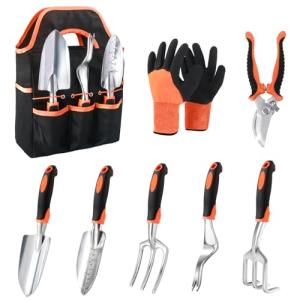 Garden Tools Set, 8 Piece Gardening Tools Set with Non Slip Ergonomic Handle, Heavy Duty Garden Tool Set with Storage Bag, Gardening Kit for Women, Garden Hand Tools Gift for Women and Men, Orange