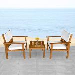FDW 3-Piece Patio Furniture Set Acacia Wood Patio Bistro Set Outdoor Chat Conversation Table Chair Set Wood Chat Set with Water Resistant Cushions and Coffee Table Chairs for Beach Backyard Garden