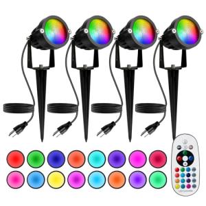 BeeLinks Halloween Christmas Spotlight Outdoor: 12W RGBW LED Spot Lights Outdoor with 16 Color Changing for Yard Garden Decor | 4 Pack of IP65 Waterproof 120V Plug in Landscape Lighting with Remote