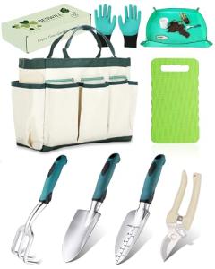 Beswill 8-Piece Heavy-Duty Gardening Tools Set with Tote Bag - Rust-Proof Aluminum Gardening Hand Tools with Ergonomic Non-Slip Rubber Grips - Gardening Supplies Set Ideal Gift for Men & Women