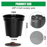 RooTrimmer 40 Pack 4 Inch Plant Nursery Pots with Mesh Pad, Sturdy Plastic Flower Planter Pots with Drainage Holes, Seed Starter Pots for Planting Seedings Cuttings Succulents Indoor Ourdoor, Black