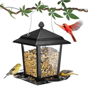 Veehoo Metal Bird Feeder for Outdoor Hanging-Wild Bird Feeder with 4 Perches, Guard Booth Bird Seed Feeder for Outside Garden Backyard Attracting Wild Birds Chickadees Cardinals Finches Black