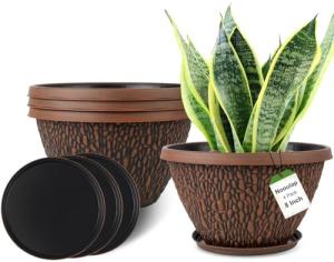 Nooulap 4 Pack Plant Pots Outdoor Indoor, 8 Inch Small Flower Pots with Drainage Hole & Tray, Thickened Plastic Outdoor Planters for Garden House Decor - Pebbles Pattern Design