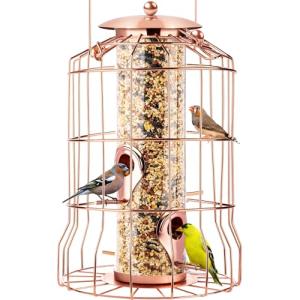 Squirrel Proof Bird Feeder for Outdoors Hanging (Metal Rose Gold) Bird Feeder with 4 Ports, Chew-Proof & Weather Resistant, Backyard Gift (10.25 x 6.25 x 6.25 inches)