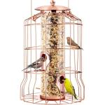 Squirrel Proof Bird Feeder for Outdoors Hanging (Metal Rose Gold) Bird Feeder with 4 Ports, Chew-Proof & Weather Resistant, Backyard Gift (10.25 x 6.25 x 6.25 inches)