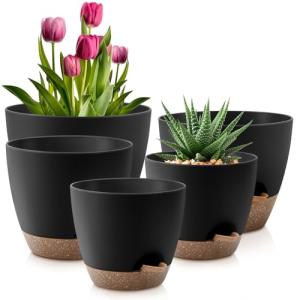 Plant Pots 10/9/8/7.5/7 Inch Self Watering Pots, Set of 5 Plastic Planters with Drainage Holes and Saucers,Plastic Flower Pots,Nursery Planting Pot for Indoor Out Door Plants(Black Brown)