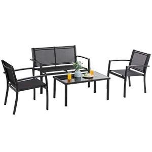 Vongrasig 4 Pieces Patio Furniture Sets,Outdoor Patio Conversation Sets with Glass Coffee Table, Small Porch Balcony Furniture, Patio Table and Chairs Set for Garden, Backyard (Black)