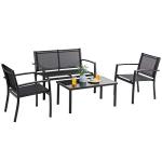Vongrasig 4 Pieces Patio Furniture Sets,Outdoor Patio Conversation Sets with Glass Coffee Table, Small Porch Balcony Furniture, Patio Table and Chairs Set for Garden, Backyard (Black)