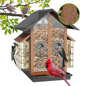 FlowaFoli Bird Feeders for Outdoors, Metal Bird Feeder with Double Suet Cage Weatherproof Metal Roof, 2 in 1 Mixed Seeds Suet Feeder, 4Lbs Large Capacity, Great for Finch、Cardinal、Chickadee（Brown）