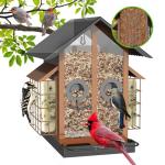FlowaFoli Bird Feeders for Outdoors, Metal Bird Feeder with Double Suet Cage Weatherproof Metal Roof, 2 in 1 Mixed Seeds Suet Feeder, 4Lbs Large Capacity, Great for Finch、Cardinal、Chickadee（Brown）