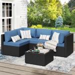 JAMFLY 5 Piece Outdoor Patio Furniture Set, PE Rattan Conversation Sofa Set with Thick Cushions & Glass Top Coffee Table, All-Weather Outside Furniture for Garden, Porch, Aegean Blue