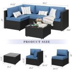 JAMFLY 5 Piece Outdoor Patio Furniture Set, PE Rattan Conversation Sofa Set with Thick Cushions & Glass Top Coffee Table, All-Weather Outside Furniture for Garden, Porch, Aegean Blue