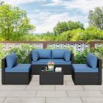 JAMFLY 5 Piece Outdoor Patio Furniture Set, PE Rattan Conversation Sofa Set with Thick Cushions & Glass Top Coffee Table, All-Weather Outside Furniture for Garden, Porch, Aegean Blue