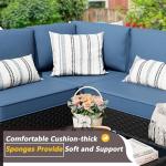 JAMFLY 5 Piece Outdoor Patio Furniture Set, PE Rattan Conversation Sofa Set with Thick Cushions & Glass Top Coffee Table, All-Weather Outside Furniture for Garden, Porch, Aegean Blue