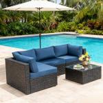JAMFLY 5 Piece Outdoor Patio Furniture Set, PE Rattan Conversation Sofa Set with Thick Cushions & Glass Top Coffee Table, All-Weather Outside Furniture for Garden, Porch, Aegean Blue