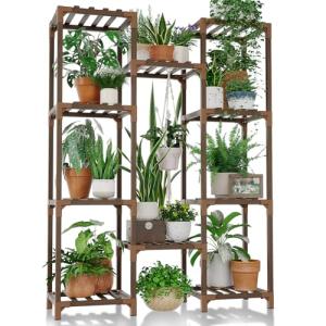 Bamworld Plant Stand Indoor Outdoor Tall Plant Shelf for Multiple Plants Pots Wood Flower Stand Large Flower Holder for Living Room, Patio, Balcony, Garden Decor, Brown