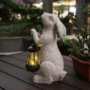 REYISO Garden Statues Rabbit with Solar Lights- Bunny Figurine Outdoor Rabbit Fall Decor for Home Lawn,Balcony-Yard Art Garden&Patio Whimsical Decor,Unique Housewarming&Birthday Gifts for Women Mom