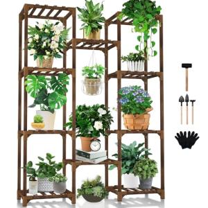 Uneedem Tall Shelf Stand Indoor Outdoor for Multiple Plants, 10 tiers 11 Pot Wood Plant Holder Rack for Room Corner Balcony Garden Patio Brown Large