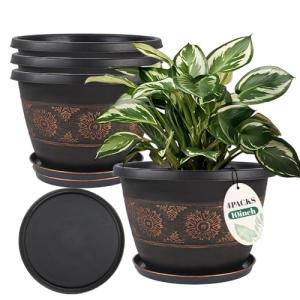 Usocik 4 Pack 10 inch Plant Pots, Retro Pattern Planters with Drainage Holes and Saucer, Sturdy Plastic Garden Flower Pots for Indoor & Outdoor Plants