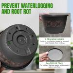 Usocik 4 Pack 10 inch Plant Pots, Retro Pattern Planters with Drainage Holes and Saucer, Sturdy Plastic Garden Flower Pots for Indoor & Outdoor Plants