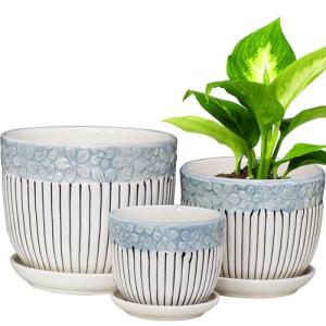 Ceramic Plant Pots Set of 3, 6.75/5.6/4.2 inch Planters with Drainage Holes and Saucer, Flower Pot Outdoor Indoor, Modern Decorative Planters for House Plants Garden Planters Succulent Pots