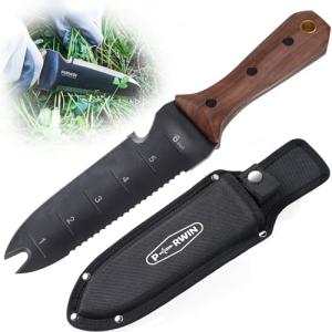 PERWIN Hori Hori Garden Knife, Garden Tools with Sheath for Weeding,Planting,Digging, 7" Stainless Steel Blade with Cutting Edge, Full-Tang walnut Wood Handle with Hanging Hole