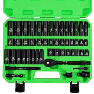 SWANLAKE 3/8'' Drive Impact Socket Set, 50-Piece Standard SAE (5/16 to 3/4 inch) and Metric (8-22mm) Size, 6 Point, Cr-V, 3/8-Inch Ratchet Handle, Extension Bar, Universal Joint