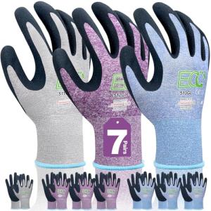 KANGLONGDA 7 Pairs Women Gardening Gloves, EN388 2131X Outdoor Protective Work Gloves with Breathable Micro-Foam Coating for Gardening, General Purpose, Courtyard, 3 Purple + 3Blue +1 Grey