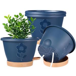 XMPBFYH Plant Pots, Flower Pots for Indoor/Outdoor Plants, Self Watering Plastic Planters Pots with Drainage Holes, Saucer & Reservoir, Decorative Nursery Planting Pots(10 Inch Set of 4)
