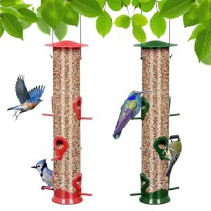 2 Packs Bird Feeder Tube Hanging Feeders, 6 Port Wild Bird Feeders Premium Hard Plastic with Steel Hanger Weatherproof and Water Resistant Great for Attracting Birds 18.2 Inches Large (Red + Green)