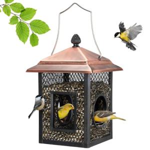 Veehoo Metal Bird Feeder for Outdoors Hanging, Fly Through Wild Birdfeeder Outside, Finch Cardinal Chickadee Feeders for Peanut Sunflower Seed, Antique Bronze