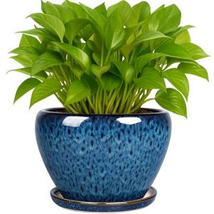 Deep Dream 6 Inch Plant Pots- Ceramic Planter Pot with Drainage Hole and Saucer, Round Flower Pot for Indoor Outdoor Succulent, Snake Plants and Cactus, Blue