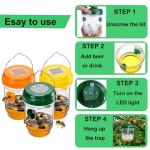 3 Pack Wasp Traps Outdoor Hanging, Solar Bee Trap for Outside with LED Light, Hornet Deterrent, Yellow Jacket Catcher, Reusable for Garden, Orchard, Indoor