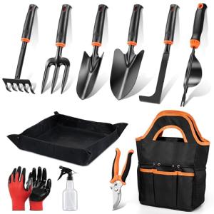 HaSteeL Garden Tools Set, 11 Pcs Gardening Supplies Hand Tool Kit for Women Men Gardeners, Include Tote Bag, Reportting Mat, Transplant Trowel, Rake, Pruner for Outdoors