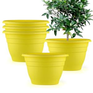 RooTrimmer Plant Pot Set of 5, 10" Outside Diameter Flower Pots, 8.5" Inner Diameter Plant Planters with Drainage Hole, Durable Garden Pots Perfect for Indoor & Outdoor Plant Planting, Decor, Yellow