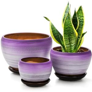SOUJOY Set of 3 Ceramic Flower Pots, Gardening Plant Pot with Drainage Holes and Saucer, 7/5/4 inch Purple Round Succulent Herbs Cactus Planter for Indoor Outdoor