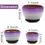 SOUJOY Set of 3 Ceramic Flower Pots, Gardening Plant Pot with Drainage Holes and Saucer, 7/5/4 inch Purple Round Succulent Herbs Cactus Planter for Indoor Outdoor