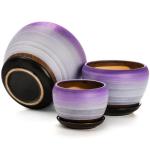 SOUJOY Set of 3 Ceramic Flower Pots, Gardening Plant Pot with Drainage Holes and Saucer, 7/5/4 inch Purple Round Succulent Herbs Cactus Planter for Indoor Outdoor