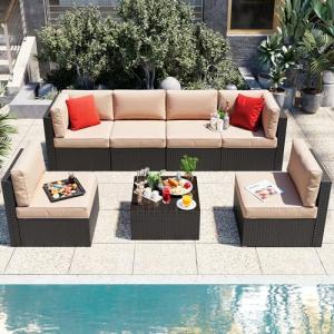 Vongrasig 7 Pieces Patio Furniture Sets, Outdoor All-Weather Wicker Patio Conversation Sets, L-Shaped Rattan Sectional Patio Sofa with Glass Table for Backyard, Beige