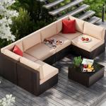 Vongrasig 7 Pieces Patio Furniture Sets, Outdoor All-Weather Wicker Patio Conversation Sets, L-Shaped Rattan Sectional Patio Sofa with Glass Table for Backyard, Beige