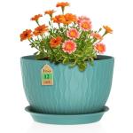WSMKSZ 12 Inch Large Plant Pots for Indoor or Outdoor Plants, Wide Water Ripples Flower Pots with Drainage Holes & Saucer, Plastic Planters Set for Garden & Home Decor (Blue Green)
